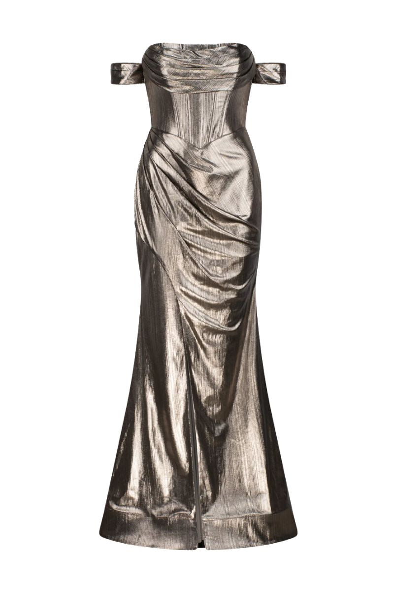 فستان بريدي كورسيه دراب باللون الذهبي