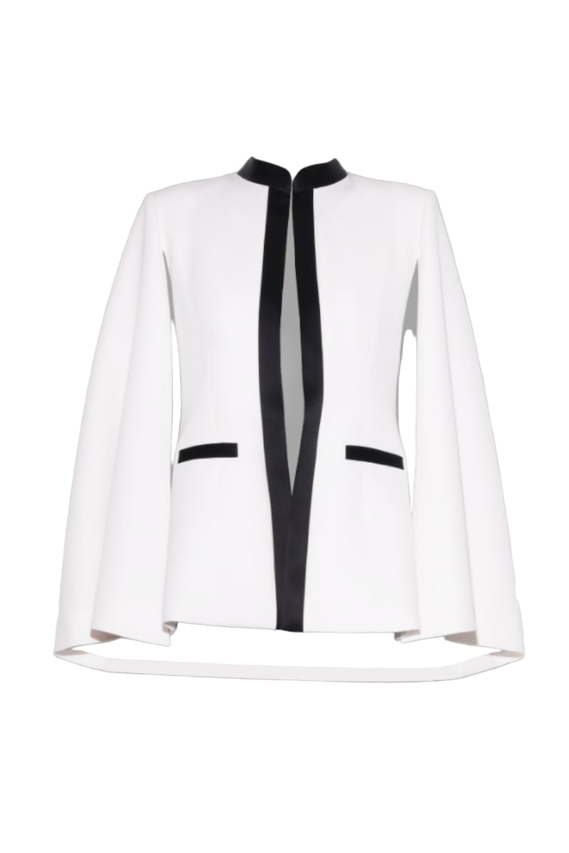 Lili Blanc black and white sleek cape blazer featuring a modern design, tailored fit, and stylish lapel details.