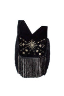 Sarah's Bag Sunrise on Black Velvet Slip Bag with fringes, top handle design and elegant detailing, shown with a close-up view.