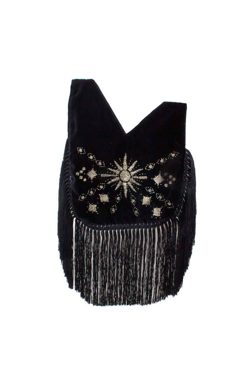 Sarah's Bag Sunrise on Black Velvet Slip Bag with fringes, top handle design and elegant detailing, shown with a close-up view.