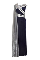 Elegant metallic velvet gown by AKHL featuring a sleek, fitted silhouette with a subtle shimmer fabric.