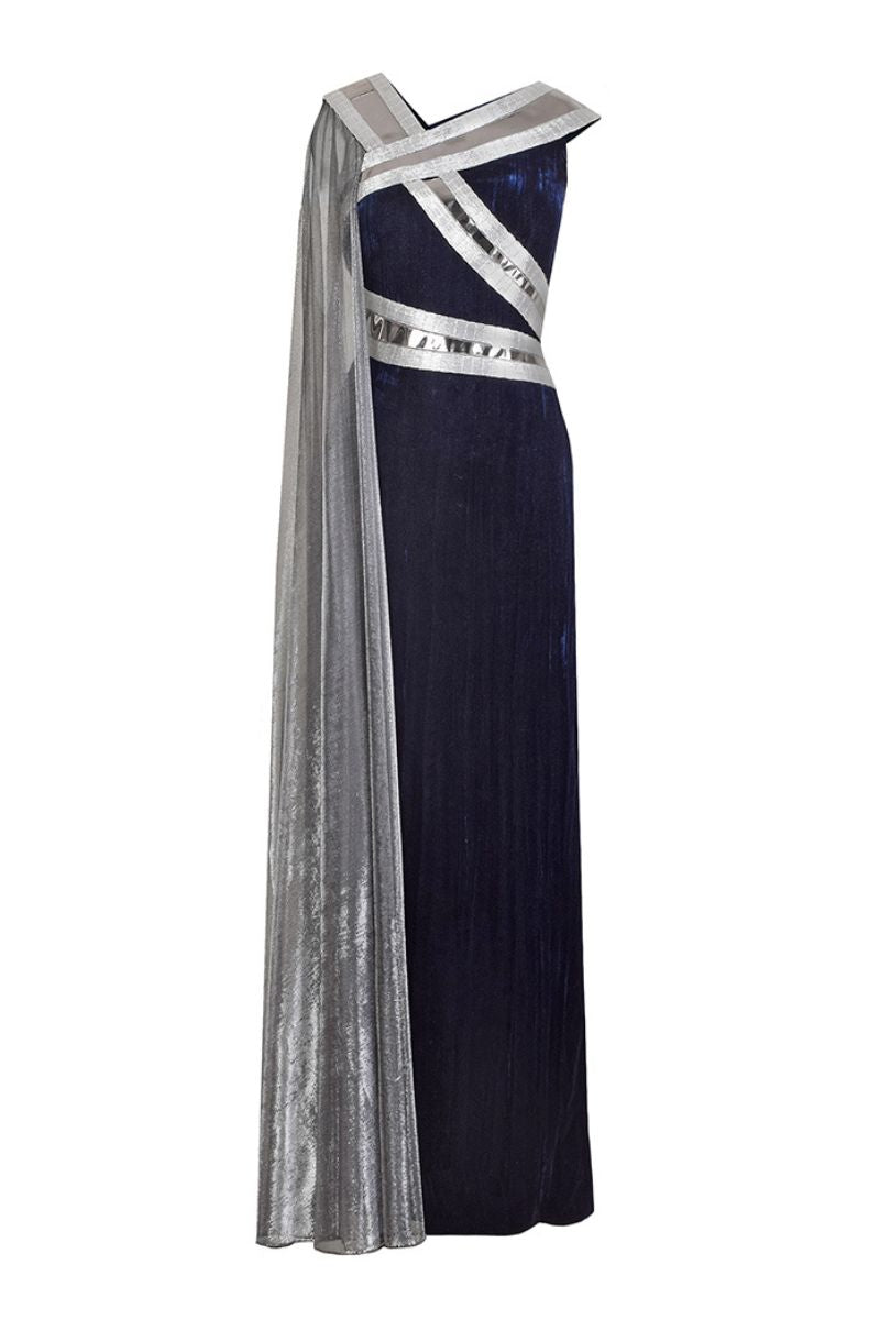 Elegant metallic velvet gown by AKHL featuring a sleek, fitted silhouette with a subtle shimmer fabric.
