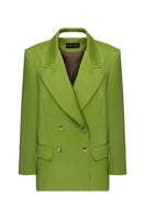 Green wide lapel blazer by Babukhadia, tailored fit with structured shoulders and classic design, shown on a model.