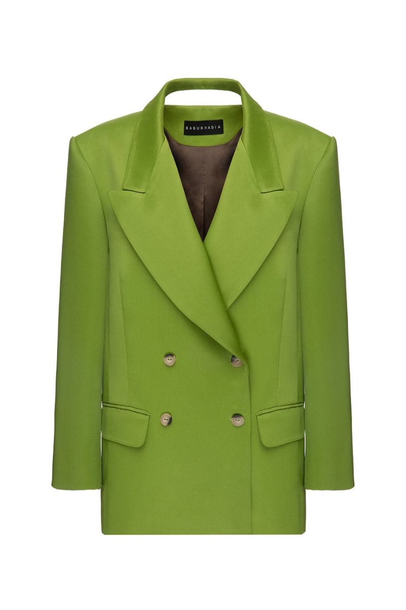 Green wide lapel blazer by Babukhadia, tailored fit with structured shoulders and classic design, shown on a model.