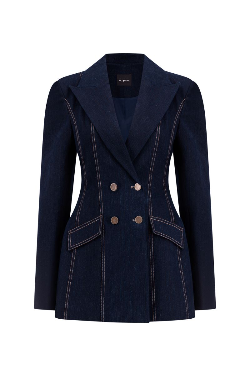Lili Blanc double-breasted tailored denim blazer displayed on a hanger, showcasing its structured fit and classic design.