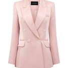 Light pink double-breasted blazer by I.H.F Studio, tailored fit with structured lapels and front buttons, styled on a mannequin.