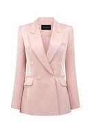 Light pink double-breasted blazer by I.H.F Studio, tailored fit with structured lapels and front buttons, styled on a mannequin.