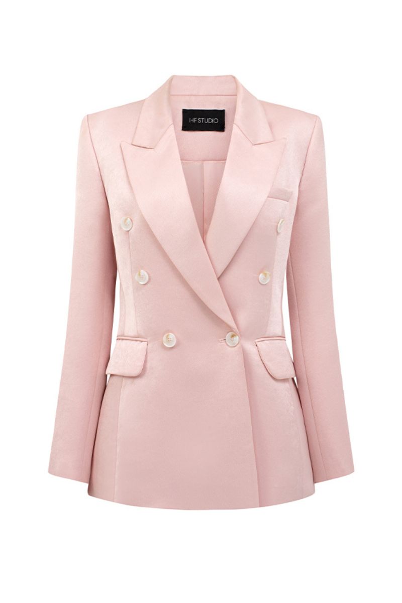 Light pink double-breasted blazer by I.H.F Studio, tailored fit with structured lapels and front buttons, styled on a mannequin.