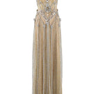 Beige spaghetti strap gown with embroidered bodice and beaded tulle skirt by HACCHIC COUTURE, elegant evening dress.
