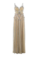 Beige spaghetti strap gown with embroidered bodice and beaded tulle skirt by HACCHIC COUTURE, elegant evening dress.