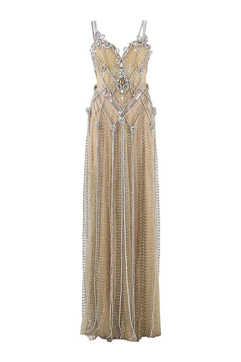 Beige spaghetti strap gown with embroidered bodice and beaded tulle skirt by HACCHIC COUTURE, elegant evening dress.