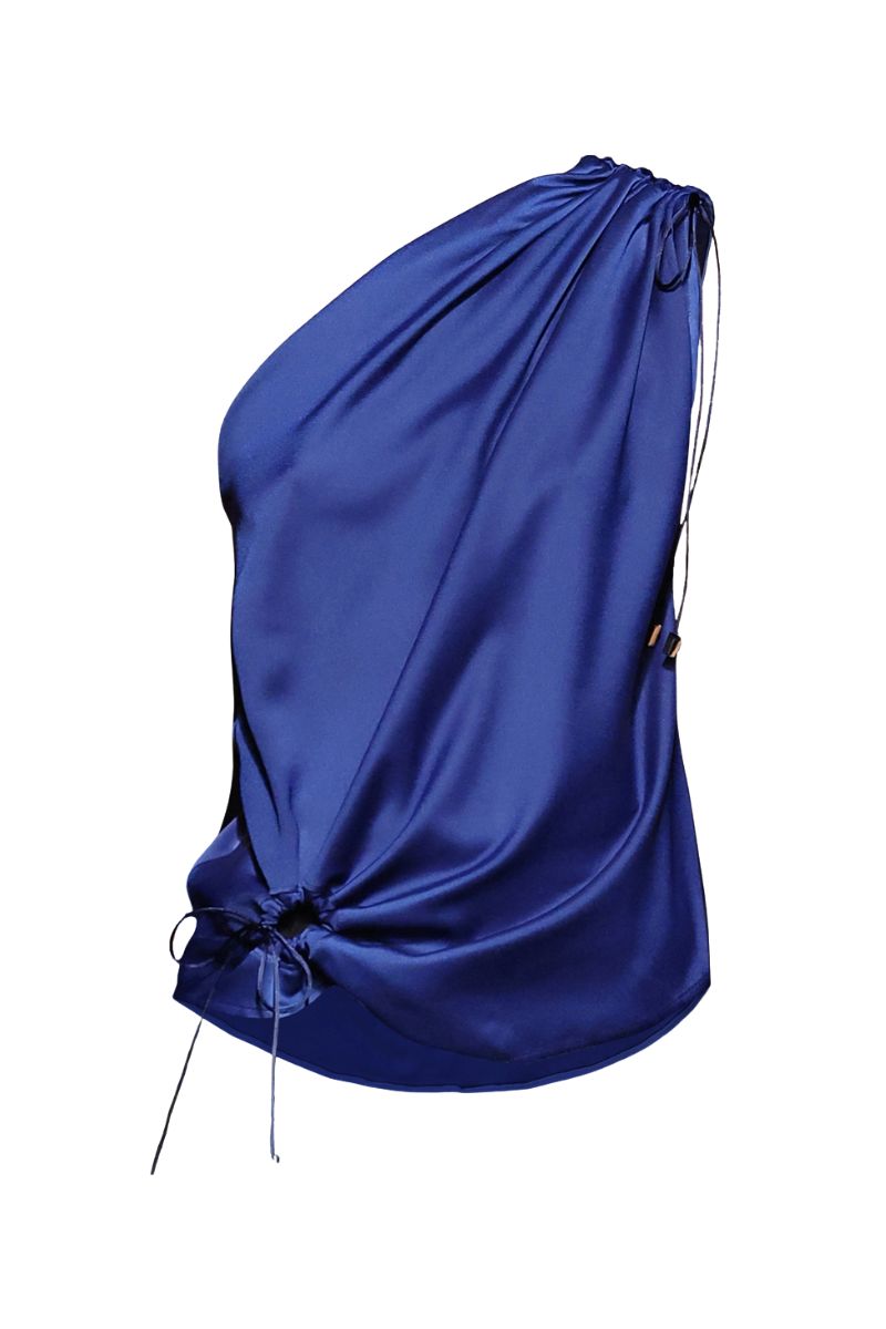 JC Pajares satin asymmetric top featuring a stylish draped design and elegant fabric for modern women's fashion.