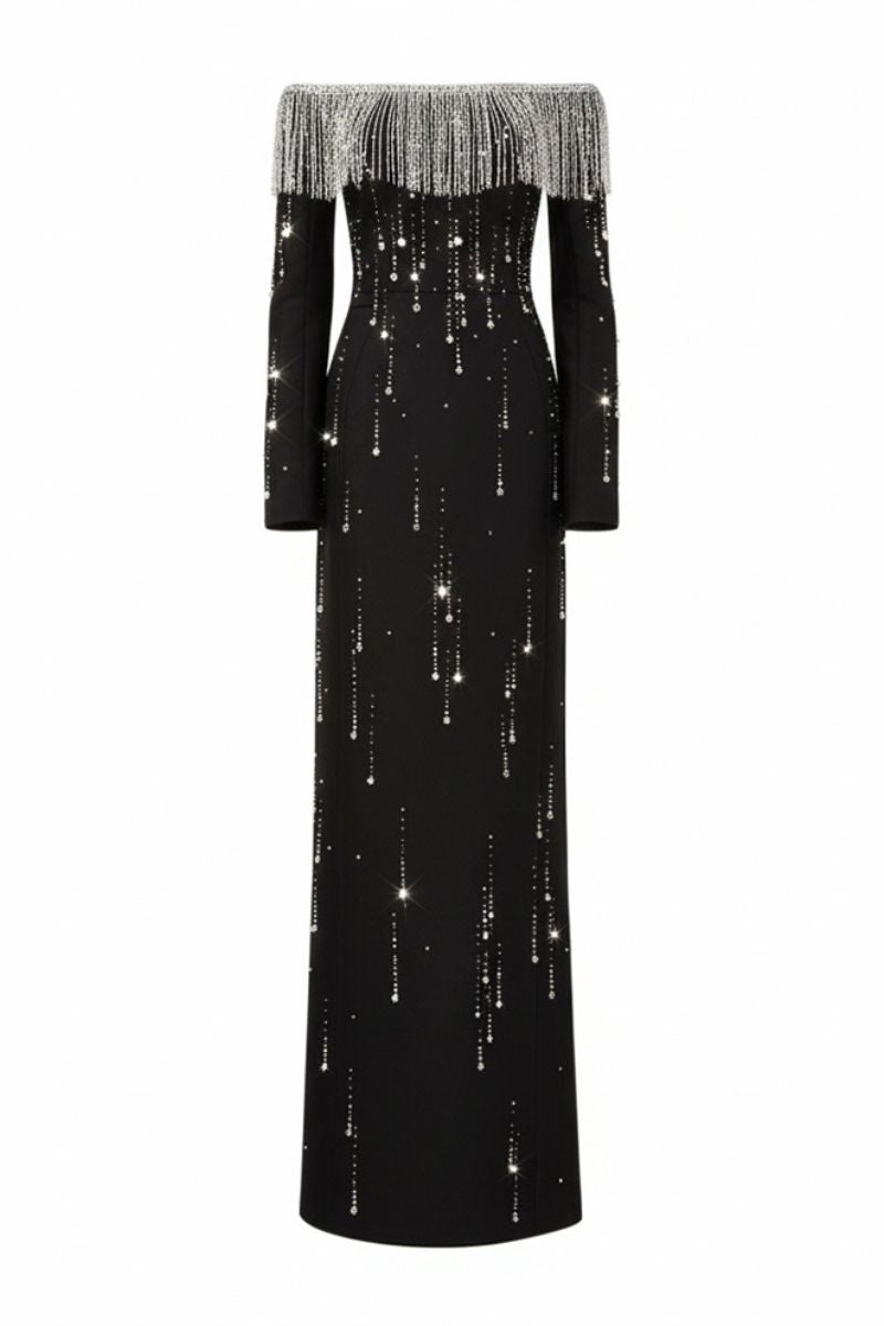 long sleeve queen anne neckline fit and flare dress black BLACK QUEEN ANNE NECKLINE AND DRAPED WAIST VELVET GOWN | CULT MIA