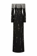 Black TALIA ROYAL TAFFETA gown by 21Six, elegant evening dress with a smooth, shiny fabric and flowing silhouette.