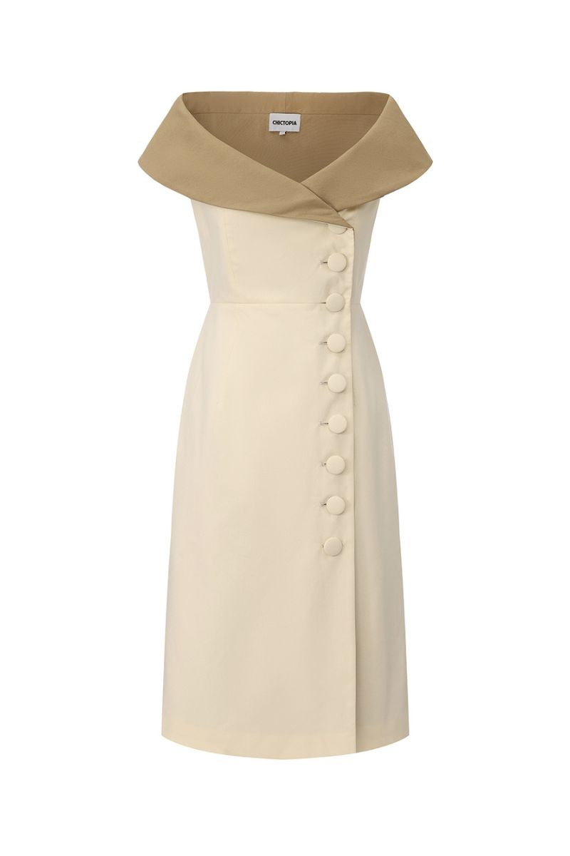 Beige and caramel cotton midi dress by Chictopia, featuring a flowing design and elegant sleeveless style.