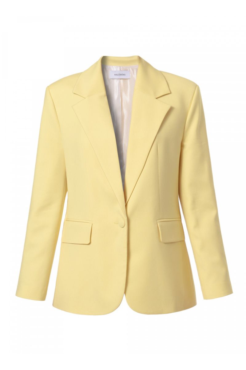 Yellow blazer from AGGI by HALEWSKI featuring a tailored fit and classic lapel, styled with front buttons.