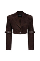 Laretaggio Girrone suede blazer displayed on a hanger, featuring a classic tailored fit and rich brown suede material.