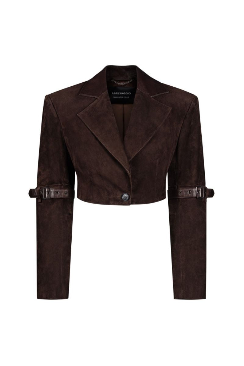 Laretaggio Girrone suede blazer displayed on a hanger, featuring a classic tailored fit and rich brown suede material.