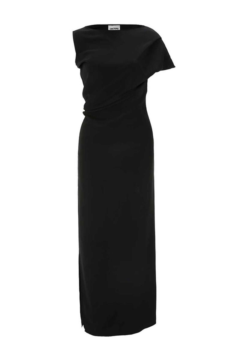 Black crepe maxi dress by Chictopia, showcasing a flowing, elegant design with a fitted waist and sleeveless style.