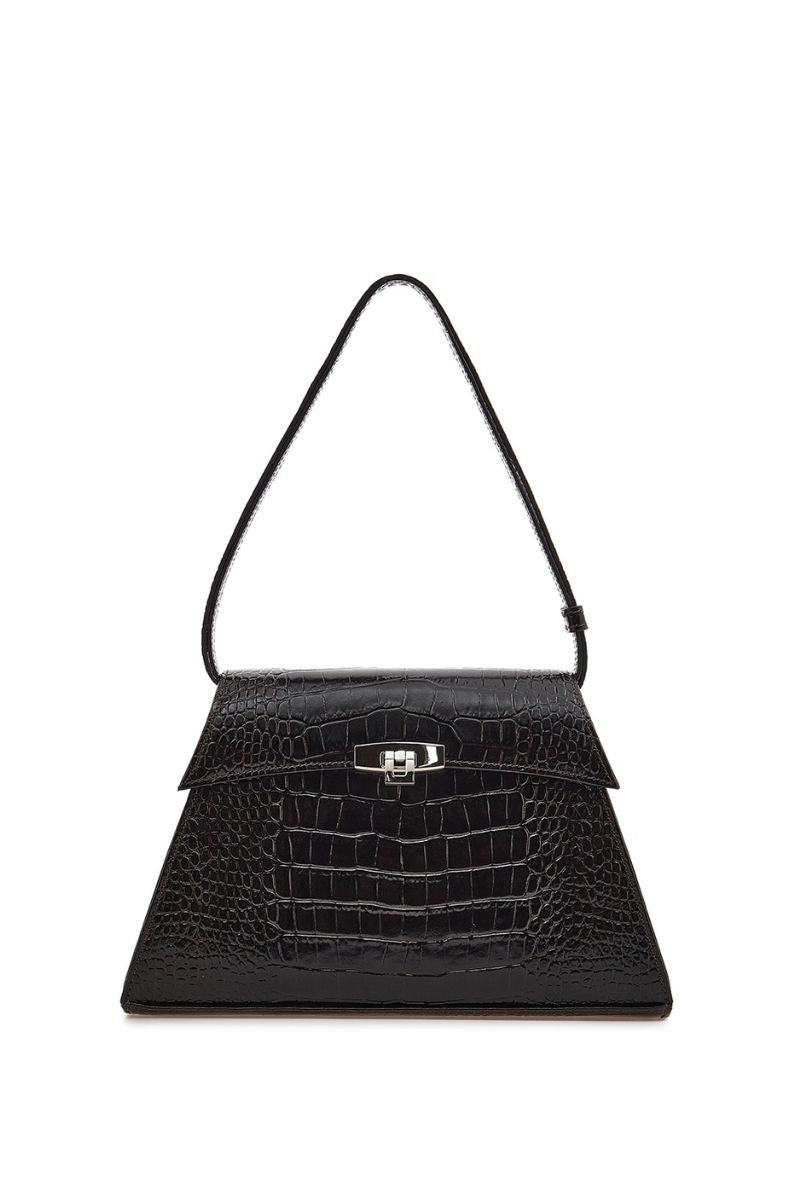 Dark brown croc-embossed Stephanie bag by Vikele Studio, top handle design with stylish textured leather.