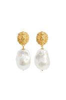 Gold Lion Pearl Drop Earrings by Freya Rose featuring elegant pearl drops and detailed lion design for a sophisticated look.