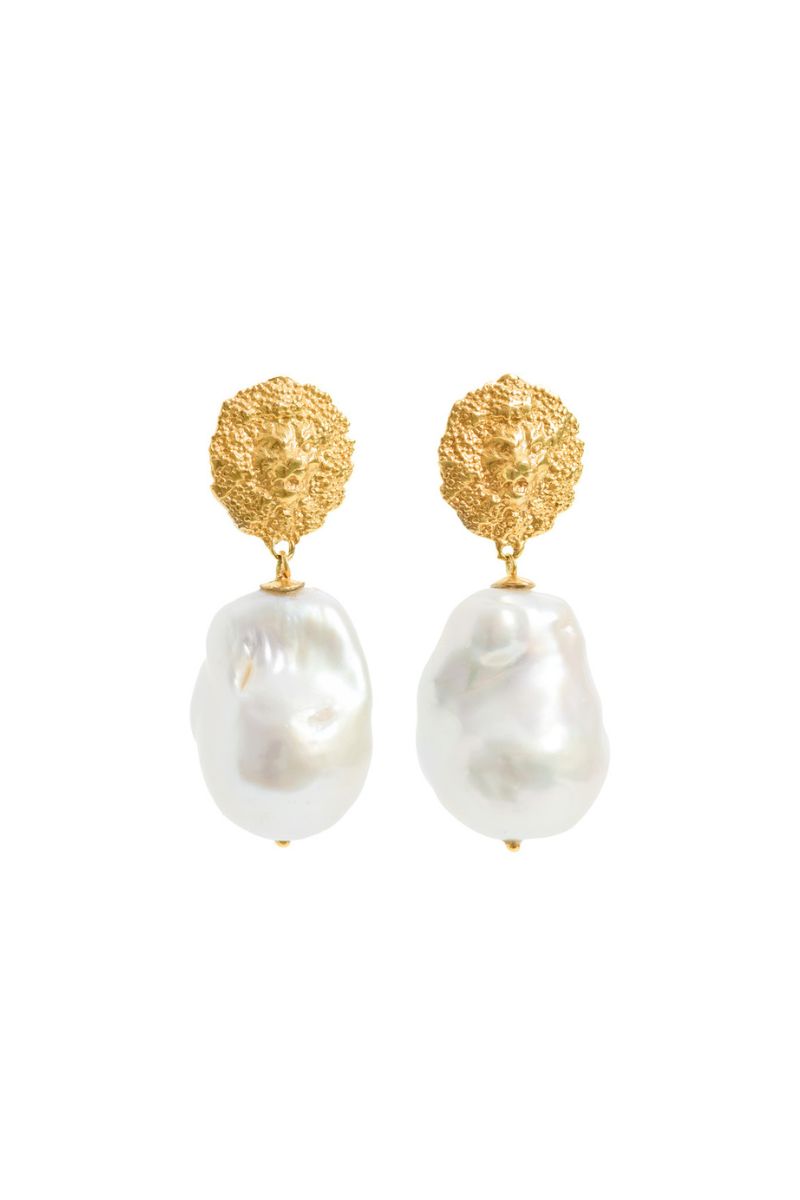 Gold Lion Pearl Drop Earrings by Freya Rose featuring elegant pearl drops and detailed lion design for a sophisticated look.