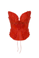 Sudi Etuz 3D print corset top featuring intricate design details, form-fitting style, and textured fabric for a bold fashion statement.