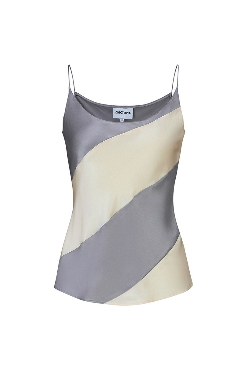 Chictopia silk satin camisole in gray and cream with delicate straps, smooth and shiny fabric, stylish top for elegant or casual wear.