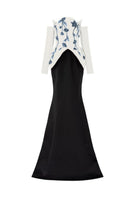 Elegant white and black Dana silk taffeta gown by 21Six, featuring a flowing silhouette and intricate detailing.
