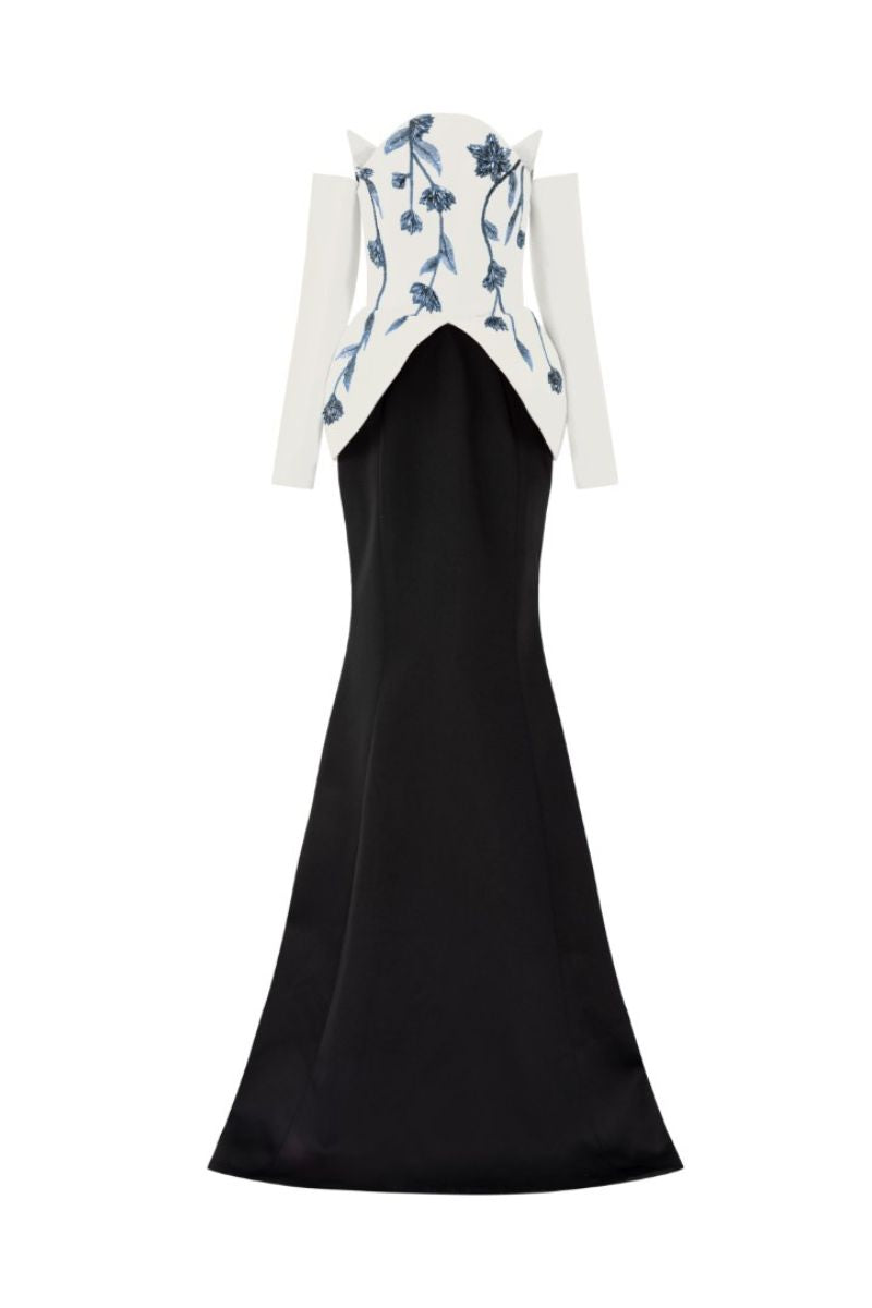 Elegant white and black Dana silk taffeta gown by 21Six, featuring a flowing silhouette and intricate detailing.