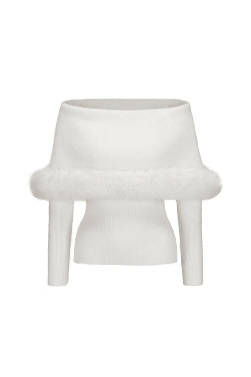 White knit top by Nana Jacqueline featuring a fitted design and long sleeves, styled on a neutral background.