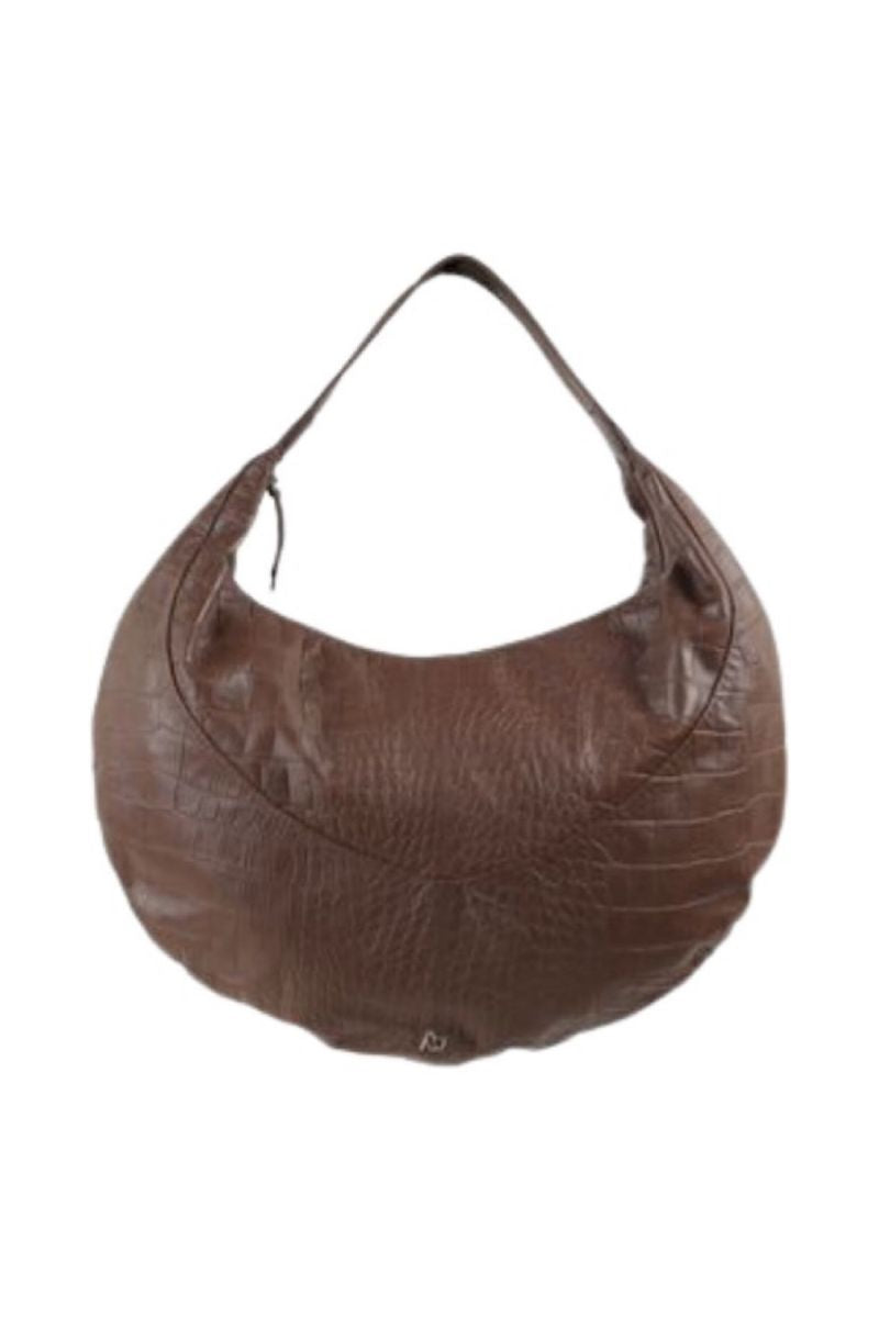 Double A brown leather shoulder bag with crocodile texture, featuring a sleek design and sturdy strap.