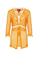 Orange handmade crochet shirt with California poppy design by Andreeva, featuring intricate crochet details and vibrant floral pattern.