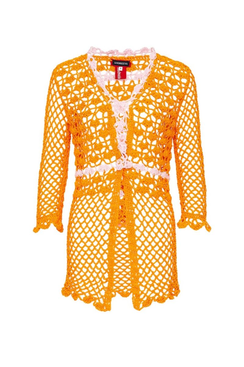 Orange handmade crochet shirt with California poppy design by Andreeva, featuring intricate crochet details and vibrant floral pattern.