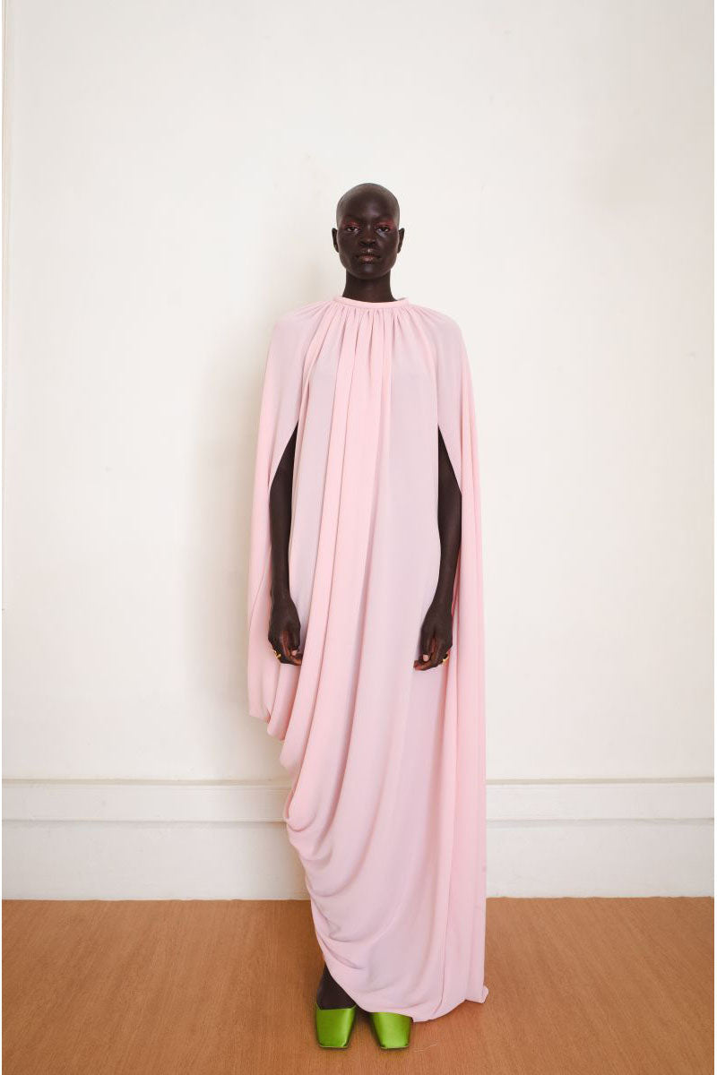 Pink Resonance maxi dress by Yassmin Saleh, front view showcasing flowing fabric and elegant design.