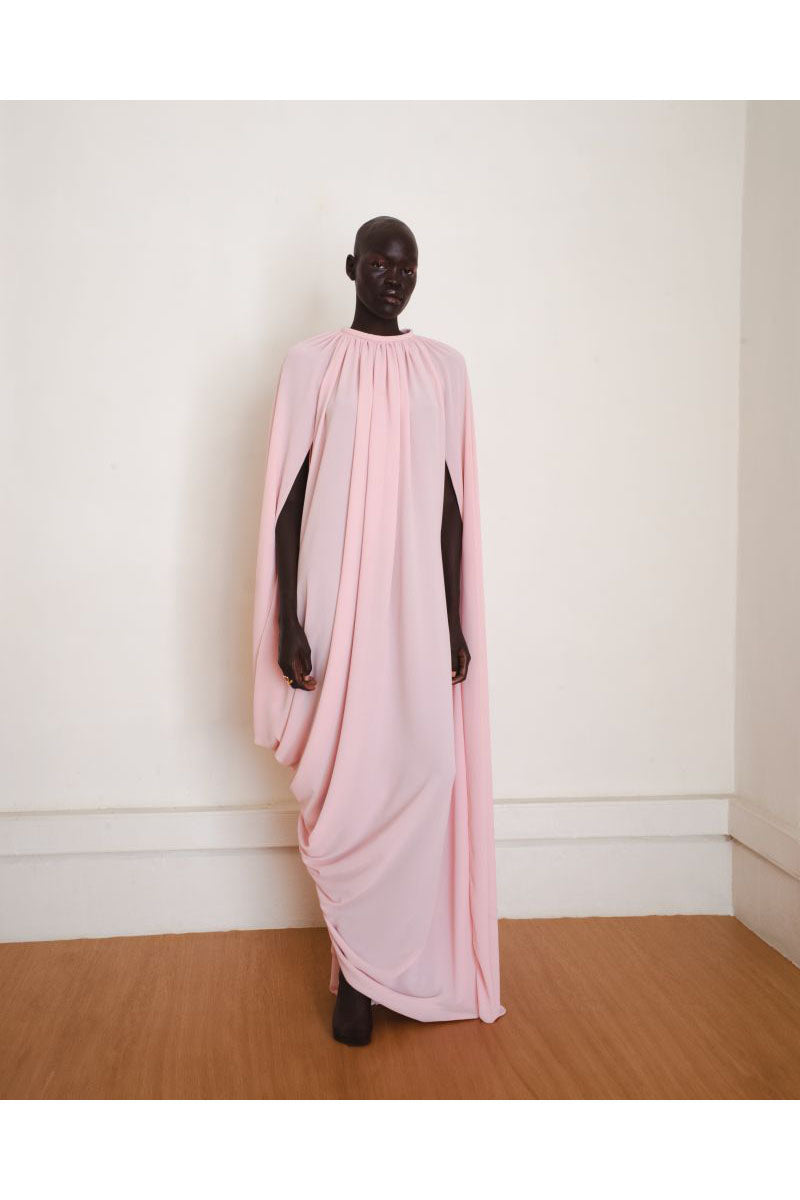 Pink Resonance maxi dress by YASSMIN SALEH displayed from the front, featuring a flowing design and elegant silhouette.