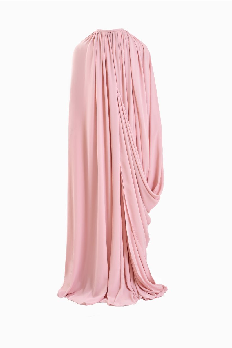 Pink Resonance maxi dress by Yassmin Saleh featuring a flowing design and elegant style, shown on a model.