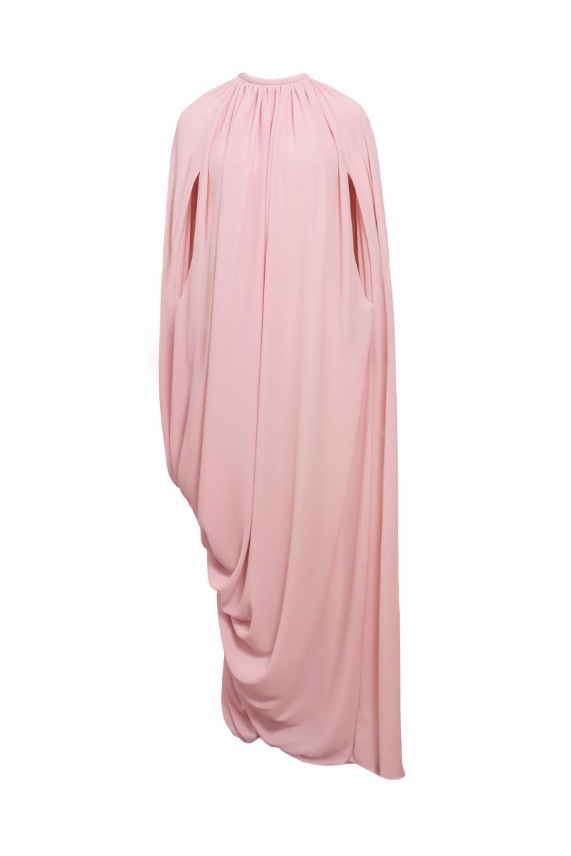 Pink Resonance maxi dress by Yassmin Saleh with ghostly front design, flowing fabric, and elegant style.