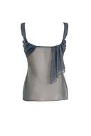 YASSMIN SALEH Revolve Tattoo Top in teal, stylish sleeveless crop top with tattoo-inspired design, shown from the back.