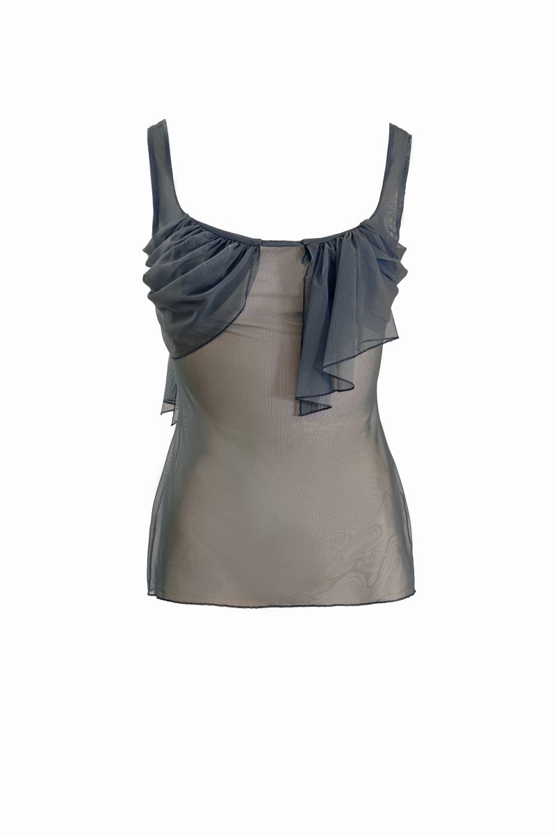 YASSMIN SALEH Revolve Tattoo Top in teal, a stylish sleeveless women's top with a unique tattoo-inspired design, front view.