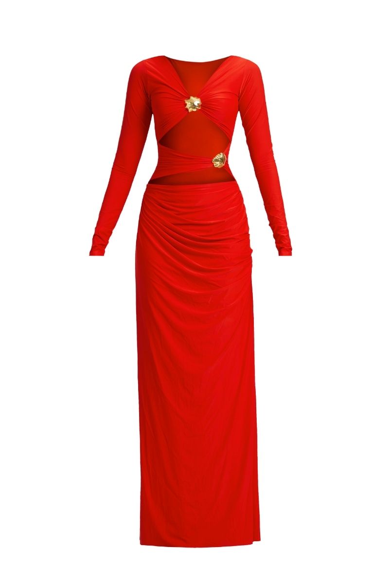 RILEY RED LONG SLEEVE MAXI DRESS - CULT MIA