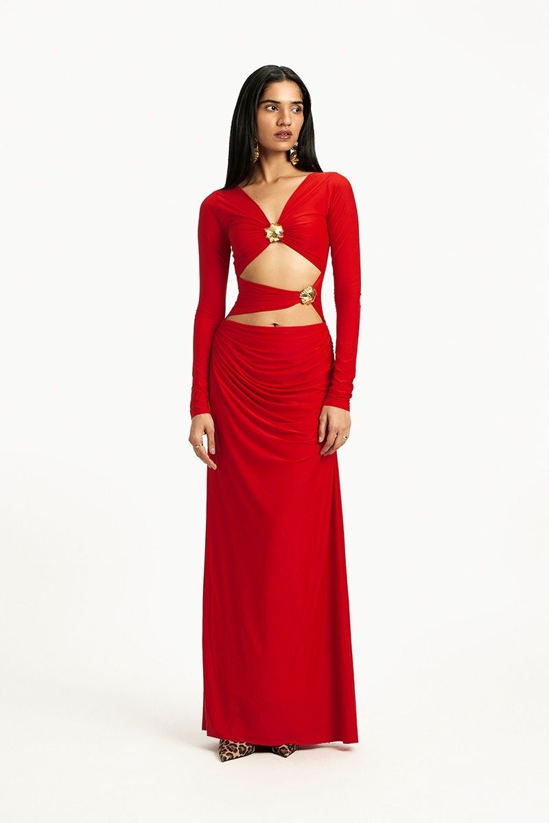RILEY RED LONG SLEEVE MAXI DRESS - CULT MIA