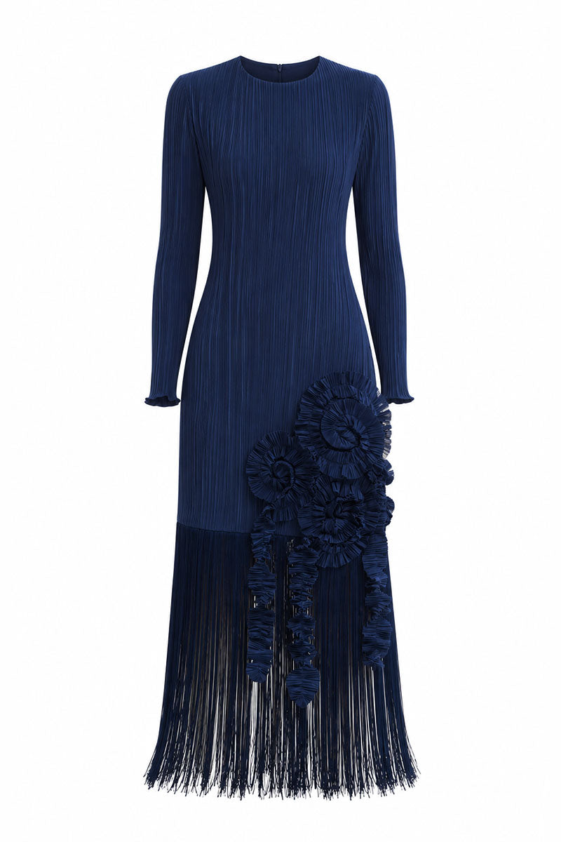 Navy midi dress by Maylé Vásquez featuring a flowing silhouette and elegant design, displayed on a dress form.
