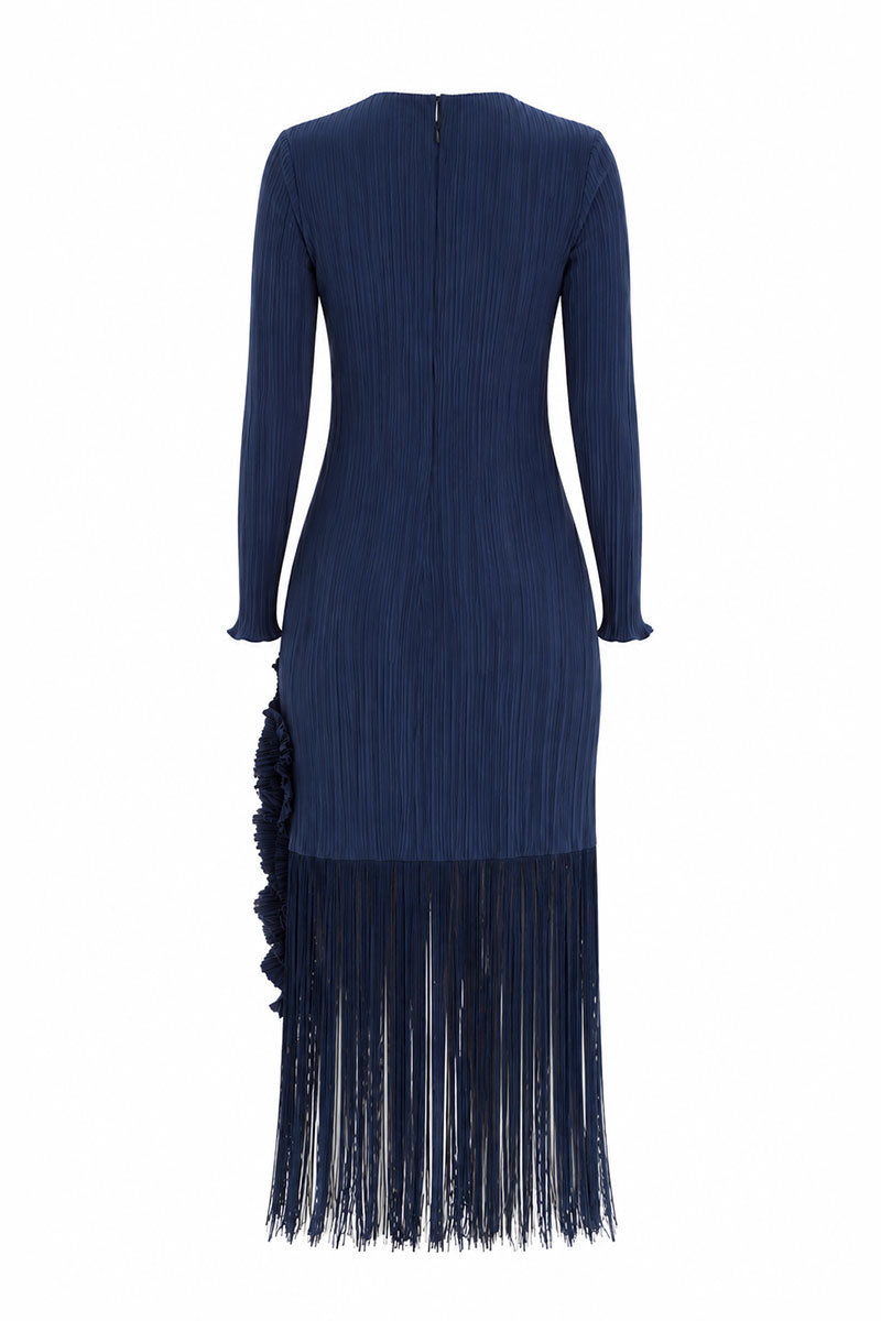 Navy midi dress by Maylé Vásquez featuring a stylish, flowing design with fitted waist and sleeveless style.