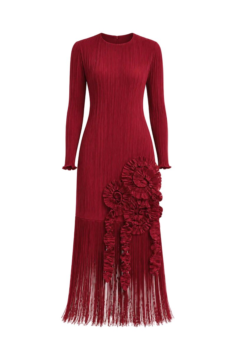 Red CULT MIA X MAYLÉ VÁSQUEZ Rio midi dress displayed on a hanger, showcasing its vibrant color and elegant design.