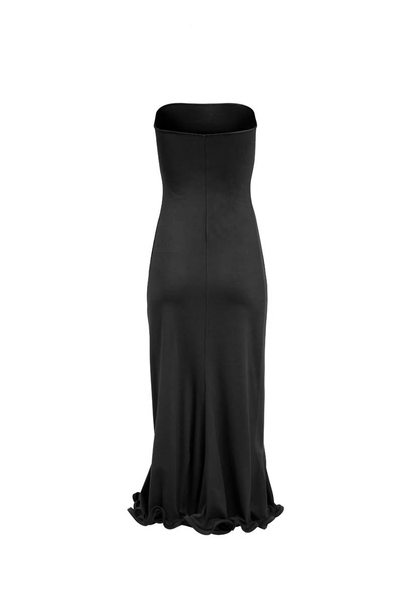 Black ripple midi dress by Yassmin Saleh featuring a stylish silhouette and ghost back design.