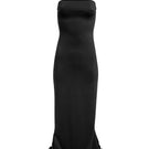 Black Ripple Dress in midi length by YASSMIN SALEH, featuring flowing fabric and elegant design, shown from the front.