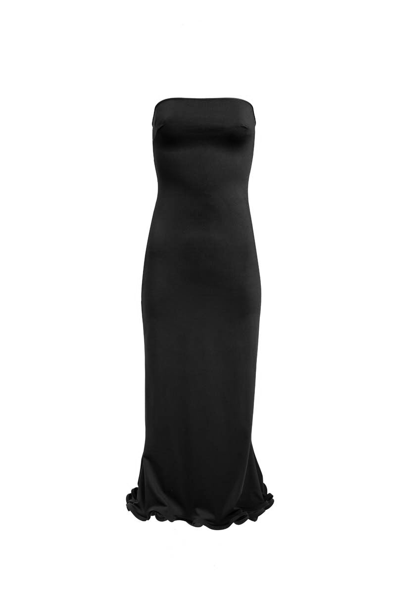 Black ripple midi dress by Yassmin Saleh featuring a flowing design and elegant silhouette, shown from the front.