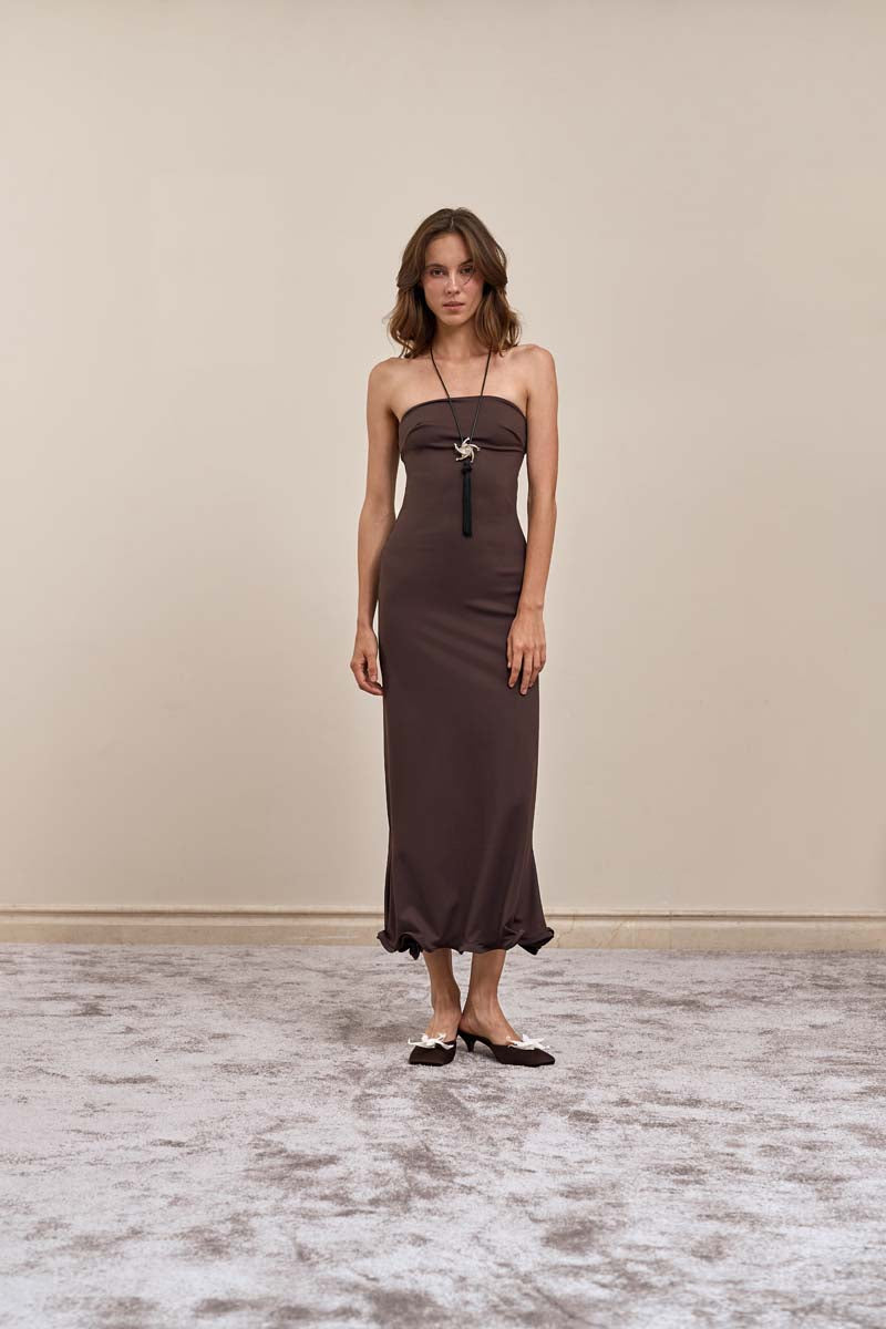 RIPPLE DRESS IN BROWN