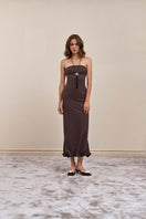 YASSMIN SALEH ripple brown midi dress with a flowing, textured fabric and stylish front design, perfect for casual or semi-formal wear.